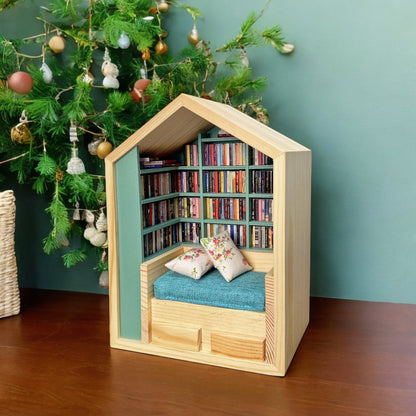 Handcrafted Mini Room Box Detailed Wooden Scene With 200+ Mini Books and 2 Cushions