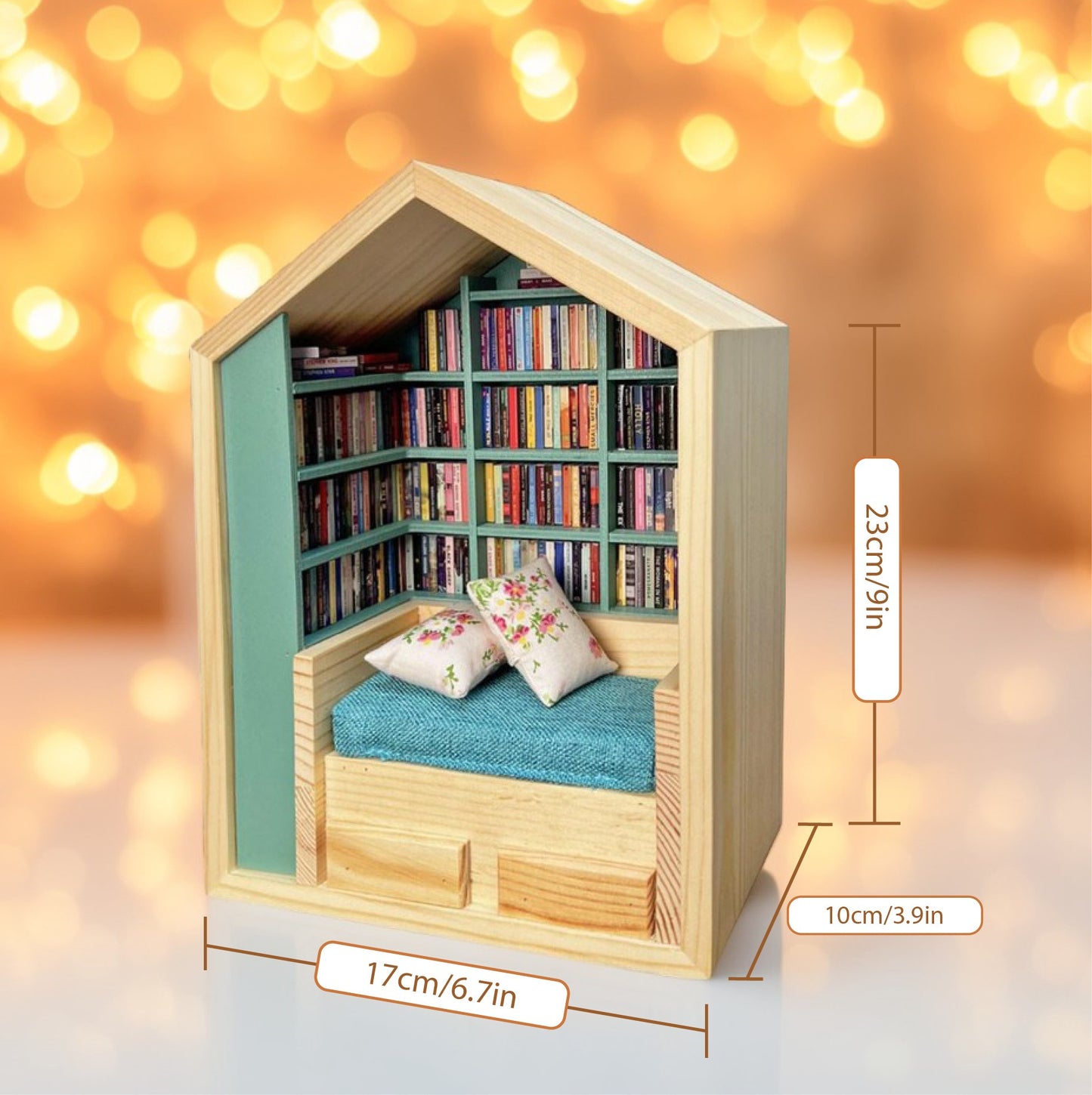 Handcrafted Mini Room Box Detailed Wooden Scene With 200+ Mini Books and 2 Cushions