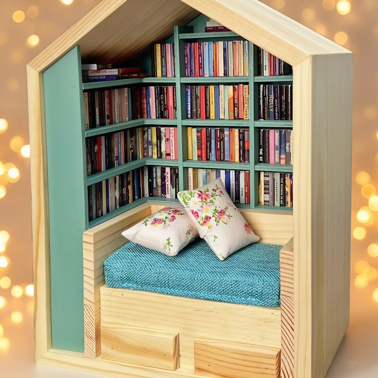 Handcrafted Mini Room Box Detailed Wooden Scene With 200+ Mini Books and 2 Cushions