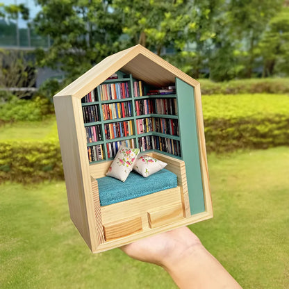 Handcrafted Mini Room Box Detailed Wooden Scene With 200+ Mini Books and 2 Cushions