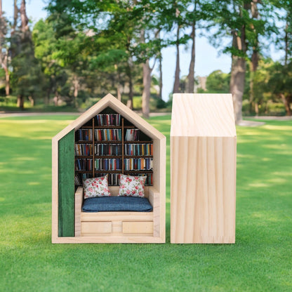 Handcrafted Mini Room Box Detailed Wooden Scene With 200+ Mini Books and 2 Cushions